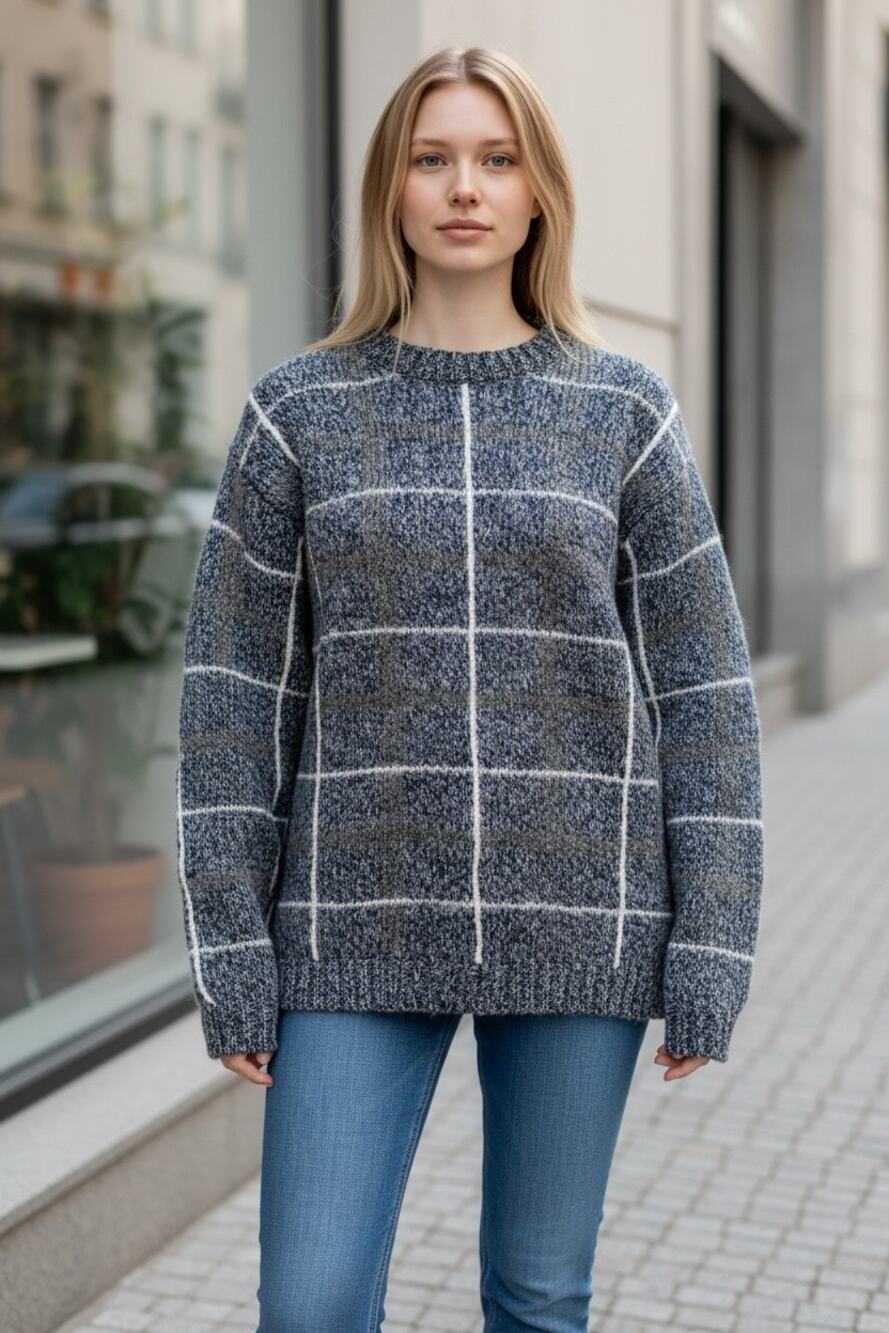 EDDIE BAUER Wool Sweater Size M Long Sleeve Check Print Crew Neck